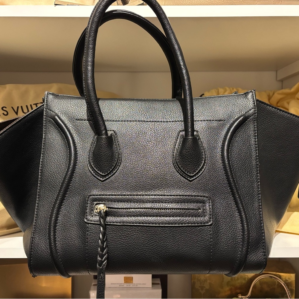Elegant Black Leather Look Luggage Tote Handbag